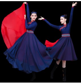 Blue With Red Mongolian dance Costumes Chinese folk dance Mongolia performance clothing long Meng practice robe art exam swing skirt Robe female
